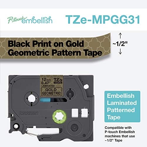 Brother P-touch, Altın Geometrik Desenli Bant üzerine Siyah Baskıyı Süslüyor TZEMPGG31 - ~ ½ Genişliğinde x 13.1' Uzunluğunda