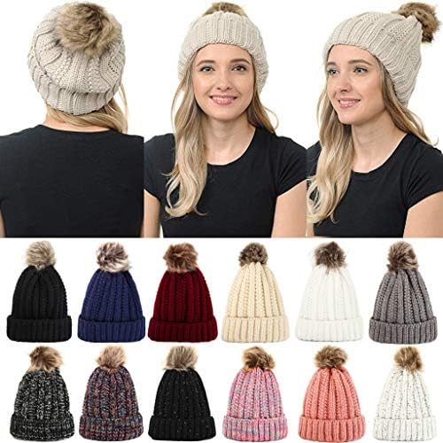 Lovor Kadın Kış Örgü Bere Yumuşak Faux Kürk Pom Pom Kablo Şapka Sıcak Polar Astarlı Tıknaz Örgü Kaflı Bere Şapka Kadınlar ıçin