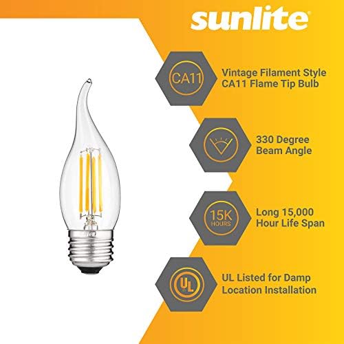 Sunlite 41075 LED Filament CA11 Alev Ucu Avize Ampul 4 Watt (40W Eşdeğeri), Orta E26 Taban, Kısılabilir, Edison Tarzı, 2700K