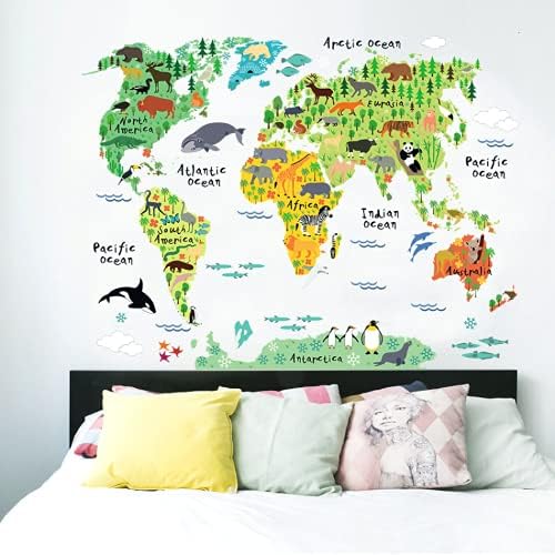 LKTıngBax Çıkarılabilir Hayvanlar Dünya Haritası Duvar Çıkartmaları Eğitim Görülecek Dünya Haritası-Duvar Sticker Dekor Çocuklar