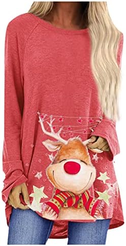 Wirziis Uzun Kollu Bluzlar Kadınlar ıçin Moda Sevimli Noel Ren Geyiği Baskı Crewneck Tişörtü Rahat Noel Pijama