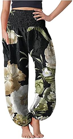 SSMDYLYM Kadınlar Bohemian Çiçek Baskı Uzun Pantolon Yüksek Bel Vintage Elastik Bel Artı Boyutu Vintage Boho Plaj Pantolon
