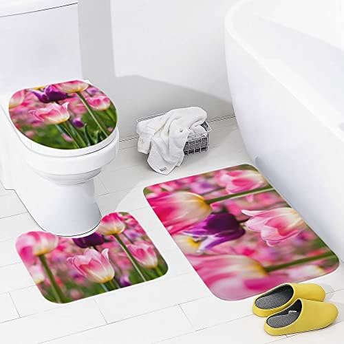 Kuızee banyo halısı Seti 3 Parça Güzel Bahar Çiçekleri Pembe Laleler Banyo Kombinasyonu Kaymaz Mat U-Şekilli Kontur Halı O-Şekilli