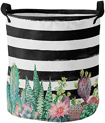 Çamaşır Sepeti Suluboya Tropikal Bitki Kaktüs Çiçek, Su Geçirmez Katlanabilir Giysi Engel Vintage Siyah ve Beyaz Çizgili, büyük