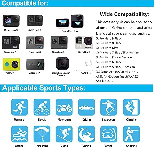 Siyah Pro Kamera Aksesuarları Kiti ile Uyumlu GoPro Hero 10 9 8 7, GoPro Max, GoPro Fusion, Insta360, DJI Osmo Eylem, AKASO,