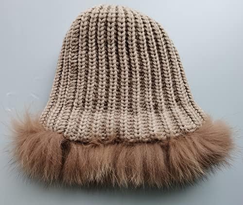 XUYUZUAU Kış Kürk Şapka kadın Hakiki Vizon Kürk Şapka Tilki Kürk Trim Ponpon Açık Sıcak Noel Şapka Örme Kap