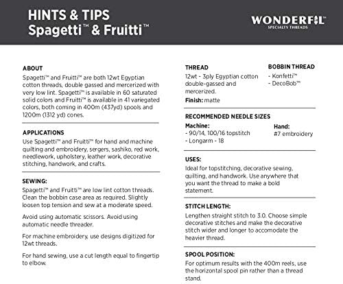 WonderFil Specialty Threads Fruitti, Yaprak Dökmeyen, 3 katlı 12wt, %100 Uzun Elyaf Çift Gazlı Mısır Pamuğu